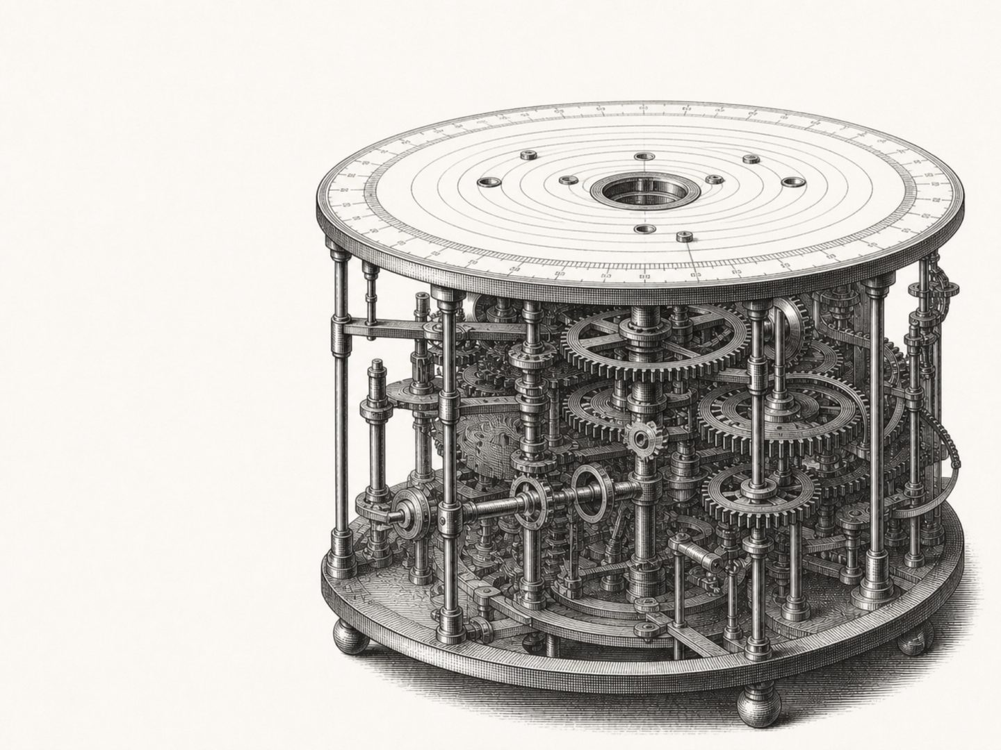 An orrery in cutaway, its gear train exposed. One gear is missing from the train, and so the mechanism is still.